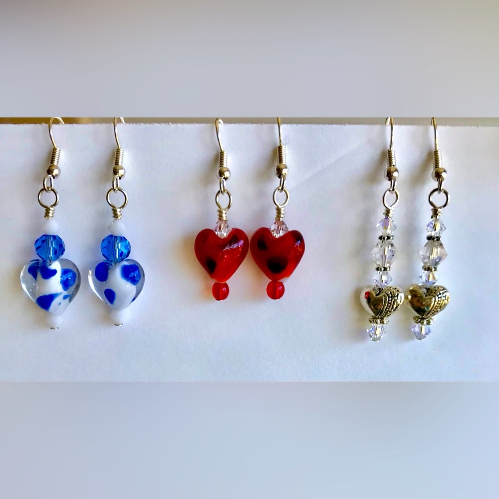 Set of three beautiful Heart ❤️ earrings. Glass and Crystal.